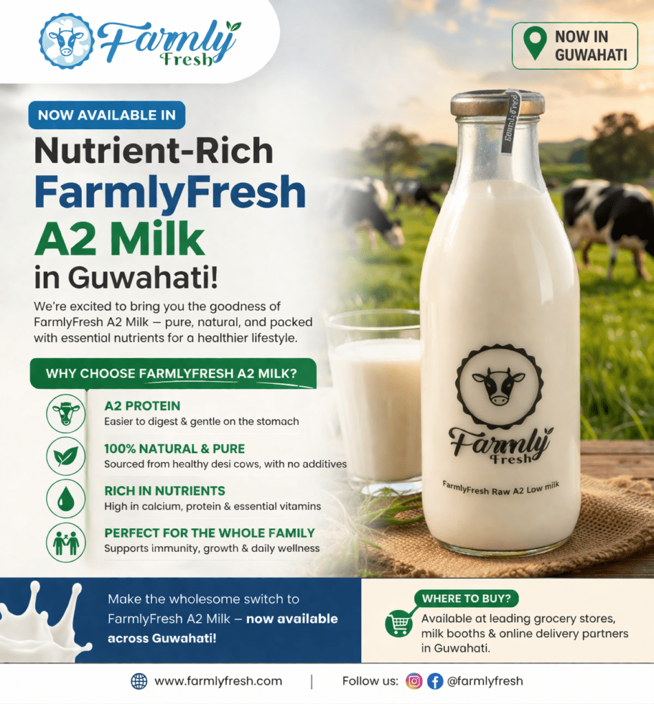 FarmlyFresh A2 Milk bottle with clear, nutrient-rich milk, now available in Guwahati. Pure, natural, and rich in A2 protein, perfect for families.