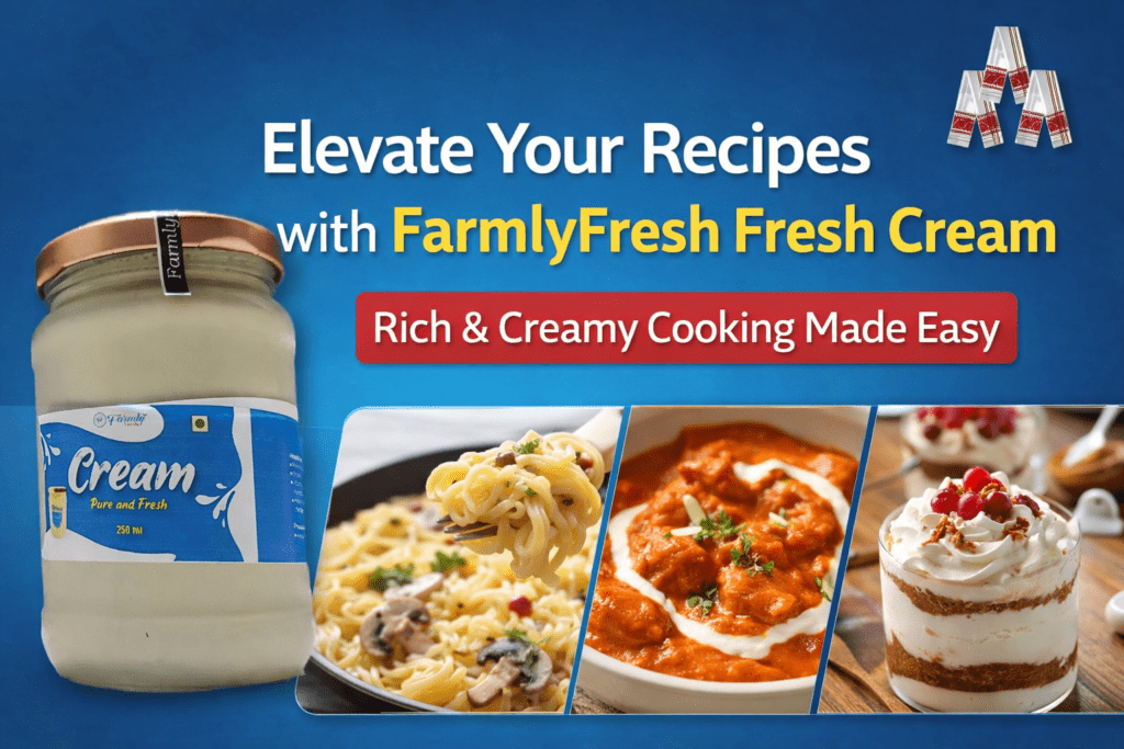 Fresh cream being added to creamy curry and pasta dish