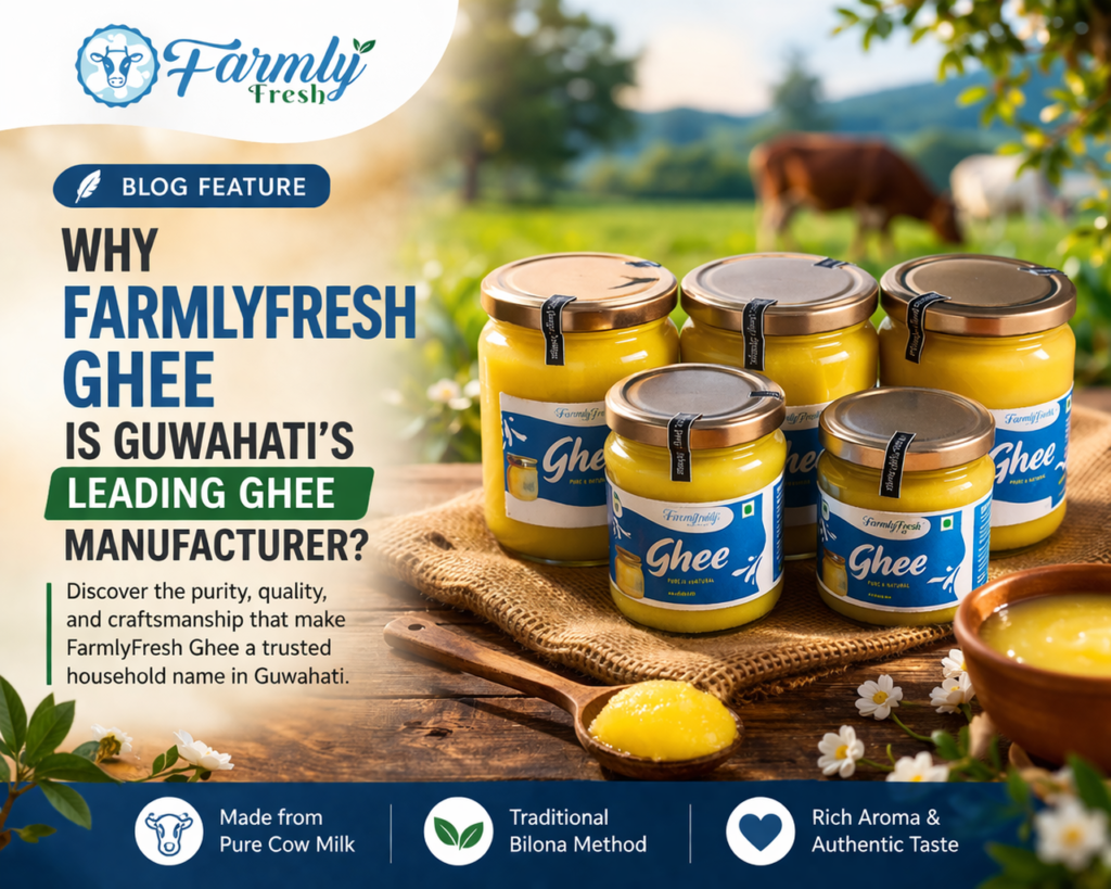 FarmlyFresh Ghee – Premium quality, pure ghee made from pure cow milk, using the traditional Bilona method, showcased in jars with a rustic, countryside background.
