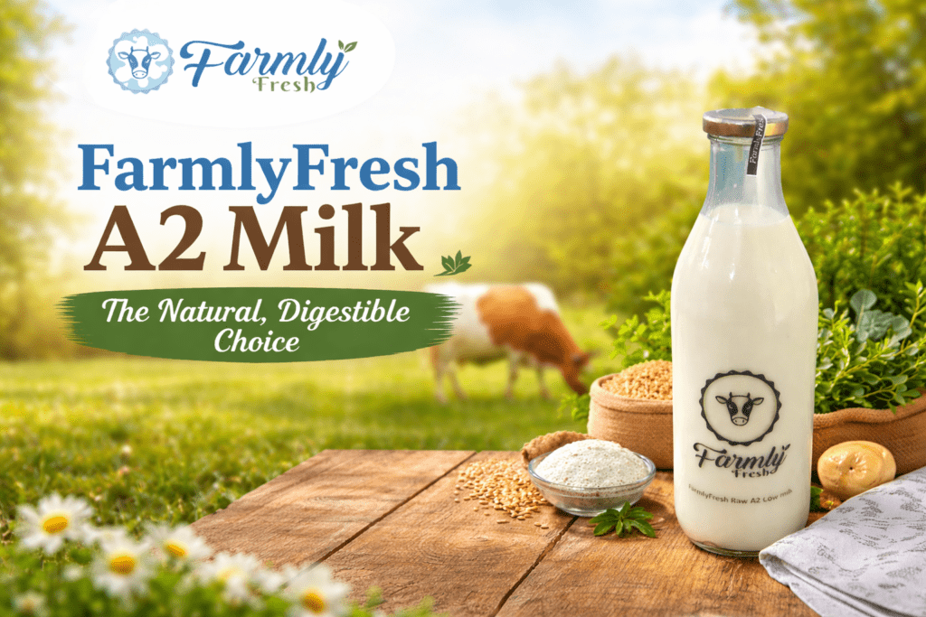 FarmlyFresh A2 Milk in a glass bottle, placed on a rustic wooden surface with grains and flour, in a serene countryside setting with a cow in the background.