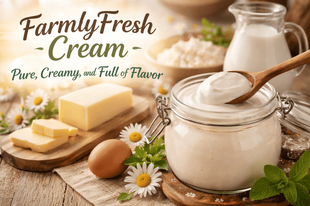FarmlyFresh Cream in a rustic kitchen setting with butter, eggs, and cream, accompanied by the tagline “Pure, Creamy, and Full of Flavor.”