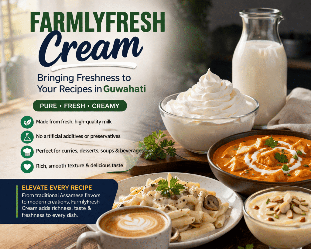 A vibrant kitchen scene showcasing FarmlyFresh Cream with fresh dairy products. The image features various dishes like curry, pasta, and dessert enhanced by the creamy richness of FarmlyFresh, promoting its premium quality and freshness.