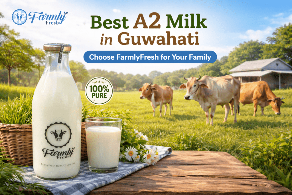 farmlyfresh a2 milk bottle with fresh milk glass and cows in farm background in guwahati
